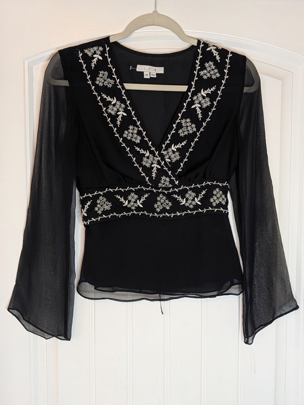 ICE Y2K Black Silk Embroidered Whimsigoth Fairy Top Sheer Flowy Sleeves